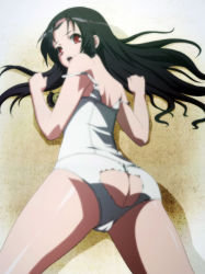 Rule 34 | 1girl, ass, black hair, female focus, gradient background, highres, hyakka ryouran samurai girls, long hair, looking back, lying, open mouth, red eyes, sanada yukimura (hyakka ryouran), screencap, solo, stitched, swimsuit, thighs, third-party edit, torn clothes, white background
