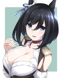 Rule 34 | 1girl, animal ears, bare shoulders, black hair, blue eyes, blush, breasts, choker, cleavage, collarbone, commentary request, corset, detached sleeves, eishin flash (umamusume), hair between eyes, hair ornament, hair ribbon, highres, horse ears, horse girl, large breasts, looking at viewer, medium hair, open mouth, parted lips, pataneet, puffy short sleeves, puffy sleeves, red choker, ribbon, short sleeves, simple background, smile, solo, umamusume, white background, white sleeves, wide sleeves