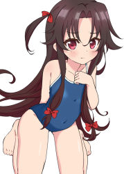 Rule 34 | 10s, 1girl, arm behind back, barefoot, black hair, blue one-piece swimsuit, bow, commentary request, covered navel, feet, flat chest, hair bow, hand on own chest, highres, hokoro, kneeling, long hair, one-piece swimsuit, red eyes, ribbon, ryuuou no oshigoto!, school swimsuit, side ponytail, simple background, solo, swimsuit, thighs, toes, white background, yashajin ai
