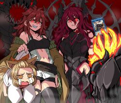 Rule 34 | 3girls, amphibious swarmship amblowhale, animal ears, armor, ash blossom &amp; joyous spring, barefoot, breasts, brown eyes, brown hair, card, cleavage, commentary, demon girl, demon horns, dog ears, dog girl, dog tail, english commentary, grin, highres, hiita, hiita (yu-gi-oh!), hiita the fire charmer, horns, lewdamone, long hair, looking at viewer, medium breasts, medium hair, midriff, multiple girls, navel, open mouth, power connection, promethean princess bestower of flames, red eyes, red hair, short shorts, shorts, simple background, smile, tail, tears, thighhighs, yu-gi-oh!