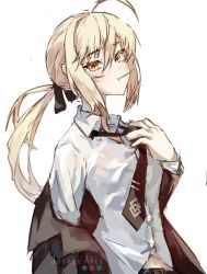 Rule 34 | 1girl, absurdres, alternate costume, artoria pendragon (all), artoria pendragon (fate), black ribbon, blonde hair, chaldea logo, collared shirt, fate/grand order, fate (series), hair between eyes, highres, jayvee, long hair, looking at viewer, loose necktie, mouth hold, necktie, off shoulder, patreon logo, pixiv logo, ponytail, ribbon, saber alter, shirt, solo, twitter logo, undressing, untying, upper body, white shirt, yellow eyes