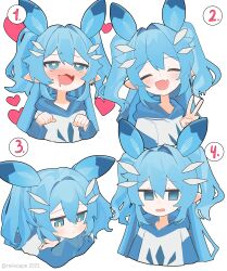 Rule 34 | 1girl, :d, ^ ^, absurdres, blue eyes, blue hair, blush, chillet, closed eyes, closed mouth, commentary, crossed arms, empty eyes, english commentary, expressions, fang, hair between eyes, hair intakes, hand up, hands up, heart, heart-shaped pupils, highres, light blue hair, long hair, long sleeves, open mouth, palworld, personification, pointy ears, reiko lape, simple background, skin fang, smile, symbol-shaped pupils, twitter username, two side up, v, white background