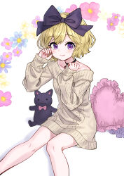Rule 34 | 1girl, :&gt;, :3, ama-tou, aran sweater, arm up, bare legs, black bow, black choker, blonde hair, blue flower, blush, bow, bowtie, cable knit, choker, clenched hand, closed mouth, collarbone, dot nose, dress, elly (tonari no kyuuketsuki-san), eyes visible through hair, feet out of frame, fingernails, floral background, flower, frilled pillow, frills, gem, grey sweater, hair bow, tucking hair, hand up, heart, heart-shaped pillow, highres, jewelry, knees, knees together feet apart, large bow, long sleeves, looking at viewer, looking to the side, nail polish, official art, pendant, pendant choker, pillow, pink bow, pink bowtie, pink flower, pink nails, puffy long sleeves, puffy sleeves, purple eyes, purple flower, short hair, sitting, sleeves past wrists, smile, solo, split mouth, stuffed animal, stuffed cat, stuffed toy, sweater, sweater dress, swept bangs, tonari no kyuuketsuki-san, w arms, wavy hair, white background, white flower