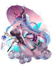 Rule 34 | 1girl, black horns, black one-piece swimsuit, blue hair, body markings, breast cutout, breasts, cleavage, colored skin, covered erect nipples, dark-skinned female, dark skin, fate/grand order, fate (series), grey skin, hat, highleg, highleg swimsuit, highres, horns, ibuki douji (fate), ibuki douji (swimsuit berserker) (fate), ibuki douji (swimsuit berserker) (first ascension) (fate), jishaku (mag 315), large breasts, long hair, looking at viewer, multicolored hair, multiple horns, nail polish, one-piece swimsuit, oni, oni horns, pink hair, pink hat, pink horns, pink one-piece swimsuit, pointy ears, red eyes, smile, solo, swimsuit, two-tone swimsuit, visor cap, whistle