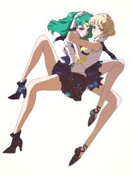 Rule 34 | 2girls, bad id, bad pixiv id, bishoujo senshi sailor moon, blonde hair, blue sailor collar, blue skirt, bow, earrings, gloves, green eyes, green hair, hand on another&#039;s cheek, hand on another&#039;s face, hand on another&#039;s head, high heels, highres, hug, jewelry, kaiou michiru, long hair, looking at viewer, magical girl, multiple girls, nametake (nametake729), outer senshi, sailor collar, sailor neptune, sailor uranus, short hair, simple background, skirt, ten&#039;ou haruka, tiara, white background, white gloves, yellow bow, yuri