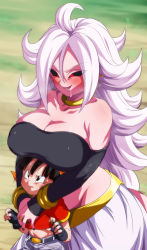 Rule 34 | 2girls, age difference, android 21, bare shoulders, belt, black belt, black eyes, black gloves, black hair, black sclera, bracelet, breast rest, breasts, breasts on head, choker, cleavage, collarbone, colored sclera, colored skin, dragon ball, dragon ball fighterz, dragon ball gt, fingerless gloves, gloves, height difference, jewelry, large breasts, long hair, majin android 21, midriff, multiple girls, navel, onee-loli, open mouth, pan (dragon ball), pink skin, red eyes, ring, rom (20), saliva, short hair, smile, tail, white hair, yellow choker, yuri
