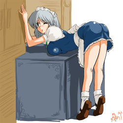 Rule 34 | 1girl, ;o, apron, ass, bent over, black eyes, blue skirt, bow, bowtie, braid, breast press, breast rest, breasts, female focus, frills, from behind, full body, indoors, izayoi sakuya, kitchen, large breasts, legs, maid, maid apron, maid headdress, mary janes, one eye closed, puffy sleeves, reaching, shoes, short hair, silver hair, simple background, skirt, socks, solo, standing, tiptoes, touhou, twin braids, waist apron, white background, white socks, wink, yuro (yuroaoj)