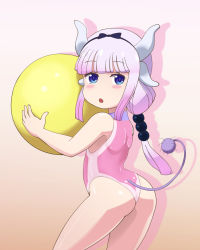 Rule 34 | 1girl, ass, back, ball, bare arms, bare legs, beachball, blue eyes, blunt bangs, blush, blush stickers, cowboy shot, from behind, gradient background, gradient hair, highres, horns, kanna kamui, kobayashi-san chi no maidragon, legs apart, long hair, looking at viewer, looking back, multicolored hair, one-piece swimsuit, open mouth, pepipopo, pink background, pink one-piece swimsuit, purple hair, simple background, solo, standing, swimsuit, tail, thighs