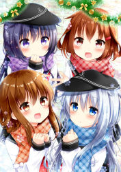 Rule 34 | 4girls, :d, akatsuki (kancolle), black hat, black sailor collar, blue eyes, blue scarf, blush, brown eyes, brown hair, fang, flat cap, folded ponytail, hair between eyes, hat, hibiki (kancolle), ikazuchi (kancolle), inazuma (kancolle), kantai collection, long hair, long sleeves, multiple girls, murasaki (murasakiiro no yoru), neckerchief, open mouth, orange scarf, purple eyes, purple hair, purple scarf, red neckerchief, red scarf, sailor collar, scarf, school uniform, serafuku, short hair, silver hair, smile