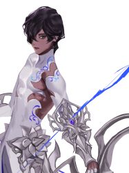 Rule 34 | 1boy, alternate costume, arjuna (fate), bishounen, black eyes, black hair, bow (weapon), daeraeband, dark-skinned male, dark skin, detached sleeves, expressionless, fate/grand order, fate (series), gloves, hair between eyes, hair over one eye, holding, holding bow (weapon), holding weapon, indian clothes, korean commentary, looking at viewer, male focus, short hair, simple background, solo, upper body, weapon, white gloves