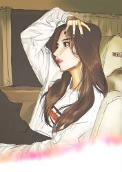 Rule 34 | 1girl, absurdres, black nails, black pants, brown eyes, brown hair, from side, highres, jiangkang meizi, k-pop, long sleeves, looking ahead, nose, pants, parted lips, real life, realistic, red lips, sana (twice), shirt, sketch, solo, twice (group), vehicle interior, white shirt