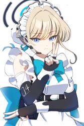 Rule 34 | 1girl, absurdres, apron, back bow, bazz000033, black gloves, blonde hair, blue archive, blue bow, blue bowtie, blue eyes, blue ribbon, bow, bowtie, chest harness, closed mouth, double v, earpiece, elbow gloves, expressionless, fingerless gloves, frilled apron, frills, gloves, hair ribbon, halo, harness, highres, looking at viewer, maid apron, maid headdress, ribbon, short hair, simple background, solo, toki (blue archive), upper body, v, white apron, white background