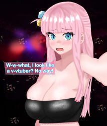 Rule 34 | 1girl, absurdres, armpit crease, armpit hair, armpit hair peek, armpit peek, armpits, background lightning, black tube top, blue eyes, blunt bangs, bocchi the rock!, breasts, cleavage, club, couple, cube hair ornament, dancer, dancing, ear piercing, eddarxart, english text, femdom, gotoh hitori, hair ornament, highres, kabedon, large breasts, long hair, looking at viewer, music, musical note, musician, night, nightclub, people, piercing, pink armpit hair, pink hair, pov, protecting, reaching, reaching towards viewer, shouting, side ahoge, speech bubble, strapless, talking, tube top, weapon