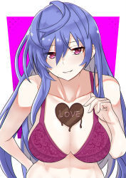 Rule 34 | 1girl, blue hair, blush, bra, breasts, candy, chocolate, chocolate heart, food, hair over one eye, heart, highres, iris heart, kami jigen game neptune v, large breasts, long hair, looking at viewer, neptune (series), paid reward available, pink eyes, power symbol, power symbol-shaped pupils, purple bra, smile, solo, symbol-shaped pupils, underwear, valentine, very long hair, zatsu