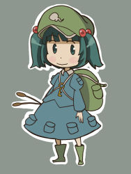 Rule 34 | 1girl, aqua eyes, aqua hair, backpack, bag, blush stickers, boots, cattail, chibi, female focus, full body, hair bobbles, hair ornament, hat, kawashiro nitori, key, plant, ryoukuchaou, simple background, skirt, solo, touhou, twintails, two side up