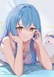 Rule 34 | 1girl, absurdres, bare shoulders, blue hair, blush, breasts, camisole, cleavage, closed mouth, collarbone, colored tips, hair between eyes, hair ornament, highres, hololive, karu (karusenpai), large breasts, long hair, looking at viewer, lying, multicolored hair, on stomach, smile, solo, streaked hair, stuffed toy, virtual youtuber, white camisole, yellow eyes, yukihana lamy, yukihana lamy (loungewear), yukimin (yukihana lamy)
