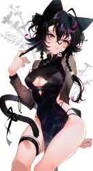 Rule 34 | 1girl, absurdres, ahoge, animal ears, arutera, black hair, blue eyes, blue nails, blush, braid, breasts, cat ears, cat girl, cat tail, china dress, chinese clothes, cleavage, cleavage cutout, clothing cutout, dress, folded fan, folding fan, hand fan, highres, looking at viewer, medium breasts, mole, mole under mouth, multi-strapped panties, nail polish, original, pelvic curtain, see-through, see-through sleeves, short hair, skindentation, tail, thigh strap, thighs, twin braids, white background