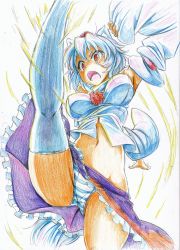 Rule 34 | 1girl, absurdres, bad id, bad pixiv id, breasts, colored pencil (medium), detached sleeves, female focus, flexible, hat, high kick, highres, inubashiri momiji, kicking, kitazinger, large breasts, legs, open mouth, panties, pantyshot, red eyes, short hair, silver hair, solo, striped clothes, striped panties, tokin hat, touhou, traditional media, underwear