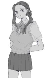 Rule 34 | 1girl, azuma (magi-inazuma), bow, bowtie, breasts, closed mouth, collared shirt, commentary request, cowboy shot, greyscale, hair over shoulder, highres, large breasts, long hair, looking at viewer, monochrome, original, pleated skirt, ponytail, school uniform, shirt, short sleeves, skirt, smile, solo