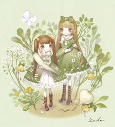 Rule 34 | 2girls, blunt bangs, boots, bow, bright pupils, brown footwear, brown hair, bug, butterfly, daikon, flower, green background, green bow, green theme, grey eyes, hair bow, highres, insect, leaf, long hair, long sleeves, mittens, multiple girls, original, plant, radish, shirosaki london, twintails, very long hair, white butterfly, white flower, white mittens, white pupils, yellow flower