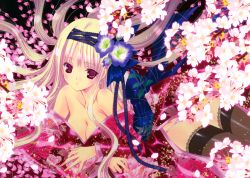 Rule 34 | 1girl, absurdres, bare shoulders, black thighhighs, blonde hair, blunt bangs, breasts, cherry blossoms, cleavage, collarbone, downblouse, hanging breasts, highres, huge filesize, japanese clothes, kimono, legs, looking at viewer, lying, nanase aoi, off shoulder, on stomach, red eyes, solo, thighhighs