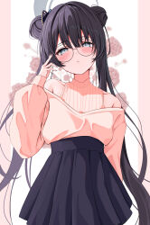 Rule 34 | 1girl, :o, absurdres, alternate costume, bare shoulders, bespectacled, black hair, black skirt, blue archive, blush, butterfly hair ornament, casual, commentary request, double bun, glasses, hair bun, hair ornament, halo, high-waist skirt, highres, kisaki (blue archive), long hair, long sleeves, looking at viewer, pleated skirt, round eyewear, shirt tucked in, skirt, solo, tarako (tarakopng), twintails, very long hair