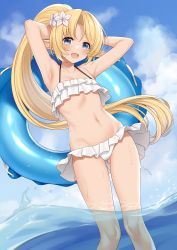 Rule 34 | 1girl, :d, absurdres, armpits, arms behind head, bare legs, bikini, blush, cloud, cloudy sky, commentary request, day, enjo kouhai, flower, gluteal fold, hair flower, hair ornament, halterneck, highres, innertube, iris (takunomi), long hair, looking at viewer, navel, open mouth, outdoors, pointy ears, sidelocks, sky, smile, solo, stomach, swim ring, swimsuit, takunomi, wading, water, white bikini