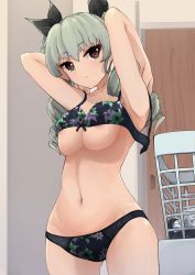 Rule 34 | 1girl, adjusting bra, adjusting clothes, anchovy (girls und panzer), areola slip, arms behind back, arms up, black bra, black panties, black ribbon, bow, bow bra, bra, breasts, brown eyes, closed mouth, commentary, commission, cowboy shot, dressing, drill hair, floral print, girls und panzer, green hair, hair ribbon, highres, indoors, kakimoto nao, laundry basket, light frown, long hair, looking at viewer, medium breasts, navel, panties, pixiv commission, print bra, print panties, ribbon, solo, standing, twin drills, twintails, underwear, underwear only