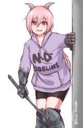 Rule 34 | 1girl, :d, armor, black shorts, bright pupils, clothes writing, disco brando, english text, fang, feet out of frame, gauntlets, greaves, hair between eyes, highres, holding, holding weapon, hood, hood down, hoodie, horizontal pupils, horns, long hair, long sleeves, looking at viewer, mace, open mouth, original, phantasy star, phantasy star online 2, pink hair, ponytail, red eyes, shorts, simple background, smile, solo, standing, twitter username, weapon, white background, white pupils