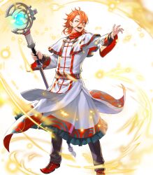 Rule 34 | 1boy, fire emblem, fire emblem engage, fire emblem heroes, highres, holding, holding staff, medium hair, nintendo, non-web source, official art, open mouth, orange eyes, orange hair, pandreo (fire emblem), red footwear, red trim, robe, smile, solo, staff, white robe