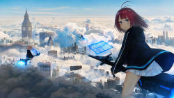 Rule 34 | 3girls, antenna hair, bad id, bad pixiv id, bird, black footwear, black jacket, blue eyes, blue sky, building, cityscape, clock, clock tower, closed mouth, cloud, commentary request, day, flying, highres, holographic interface, hood, hood down, hooded jacket, hoshimiya aki, jacket, light brown hair, long sleeves, looking at viewer, looking to the side, multiple girls, open clothes, open jacket, orange hair, original, outdoors, pleated skirt, red hair, riding, shoes, skirt, sky, skyscraper, sleeves past wrists, smile, tower, white skirt
