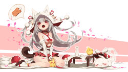 Rule 34 | 1girl, absurdres, alternate costume, azur lane, bare shoulders, bird, blush, boned meat, bottle, breasts, bridal veil, cherry blossoms, chick, commentary, covered erect nipples, dog tail, dress, falling petals, fang, food, highres, looking at viewer, meat, open mouth, petals, pleated skirt, red eyes, sake bottle, sandals, shiny skin, silver hair, sitting, skirt, solo, speech bubble, spoken food, stuffed animal, stuffed chicken, stuffed toy, tail, underboob, veil, wariza, wedding dress, xiaoxiao nanjue buyaokeng, yuudachi (azur lane), yuudachi (the bride of solomon) (azur lane), zouri