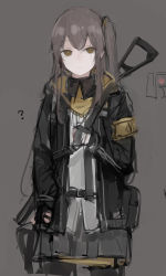 Rule 34 | 1girl, 404 logo (girls&#039; frontline), ?, armband, black jacket, black pantyhose, black skirt, brown hair, closed mouth, cowboy shot, expressionless, girls&#039; frontline, gloves, grey background, gun, hair between eyes, hair ornament, highres, jacket, long sleeves, looking at viewer, one side up, open clothes, open jacket, pantyhose, pleated skirt, rampart1028, scar, scar across eye, scar on face, shirt, simple background, skirt, solo, submachine gun, ump45 (girls&#039; frontline), weapon, weapon on back, white shirt, yellow eyes