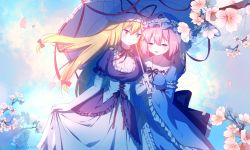 Rule 34 | 2girls, arm garter, arm grab, artist name, baozishark, blonde hair, blue dress, blue hat, blue sky, blush, bow, breasts, chinese commentary, cleavage, collarbone, commentary request, corset, dated, day, dress, elbow gloves, flower, frilled dress, frilled shirt collar, frills, gloves, hair between eyes, hair bow, hat, hat ribbon, highres, holding, holding umbrella, large breasts, long hair, long sleeves, looking at another, medium breasts, mob cap, multiple girls, neck ribbon, open mouth, outdoors, petals, pink eyes, pink flower, pink hair, puffy short sleeves, puffy sleeves, purple dress, red bow, red ribbon, ribbon, saigyouji yuyuko, short hair, short sleeves, signature, sky, smile, touhou, triangular headpiece, umbrella, very long hair, white gloves, white hat, wide sleeves, yakumo yukari, yellow eyes, yuri