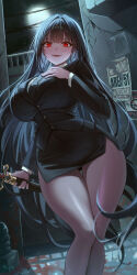 Rule 34 | 1girl, absurdres, black hair, black suit, breasts, business suit, commentary, formal, full moon, glowing, glowing eyes, highres, holding, holding sword, holding weapon, large breasts, long hair, looking at viewer, mohaka (m 0haka), moon, necktie, original, pant suit, pants, red eyes, skirt, skirt suit, smile, solo, suit, sword, symbol-only commentary, weapon