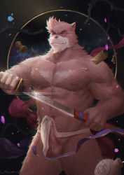 Rule 34 | 1boy, abs, bakemono no ko, bare pectorals, bulge, erection, erection under clothes, fluffy, furry, furry male, glowing, kumatetsu, large pectorals, male focus, manly, muscular, nipples, pectorals, penis, sheath, smile, solo, sword, testicles, thick eyebrows, thighs, unsheathing, weapon