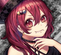 Rule 34 | &gt;:), 1girl, bare shoulders, black collar, black shirt, blush, checkered clothes, checkered headwear, collar, commentary request, ear piercing, earrings, earth (ornament), female focus, grey background, grin, hair between eyes, hat, head tilt, hecatia lapislazuli, highres, jewelry, kyouda suzuka, long hair, looking at viewer, medium hair, moon, mouth piercing, nail polish, off-shoulder shirt, off shoulder, piercing, red eyes, red hair, red nails, shirt, smile, smirk, solo, spiked collar, spikes, touhou, upper body, v-shaped eyebrows