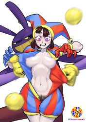 Rule 34 | 1boy, 1girl, @ @, blush, breasts, brown hair, colored skin, commentary, embarrassed, english commentary, female pubic hair, grey skin, hat, hat bell, highres, jax (the amazing digital circus), jester, jester cap, jester costume, large breasts, medium breasts, navel, nipples, no panties, open mouth, perky breasts, pomni (the amazing digital circus), popped button, pubic hair, short hair, sidelocks, solo focus, striped clothes, striped headwear, tearing clothes, teeth, the amazing digital circus, the hormone, toned, torn clothes, uncensored, undressing, undressing another, vertical-striped bodysuit, vertical-striped clothes, vertical-striped headwear