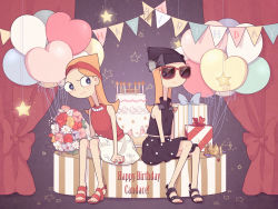 Rule 34 | 2girls, arched back, balloon, beanie, birthday, birthday cake, black footwear, black shirt, black skirt, blue eyes, bouquet, cake, candace gertrude flynn, candace gertrude flynn (2nd dimension), candle, closed mouth, curtains, daisy, dated, dual persona, english text, eye contact, fire, flower, food, hat, hat ribbon, headband, heart balloon, highres, jewelry, kingyo (g-fish), long hair, looking at another, multiple girls, necklace, no socks, orange hair, pearl necklace, phineas and ferb, polka dot, polka dot skirt, purple background, red footwear, red shirt, ribbon, rose, sandals, shirt, skirt, sleeveless, smile, star (symbol), starry background, sunglasses, table, white skirt