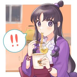 Rule 34 | 1girl, ace attorney, black hair, eating, food, hair ornament, half updo, highres, japanese clothes, jewelry, kettle, long hair, looking at viewer, magatama, maya fey, necklace, nissin cup noodle, purple eyes, rin (yukameiko), solo