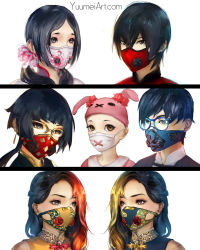 Rule 34 | 2boys, 5girls, black eyes, black hair, brown eyes, china dress, chinese clothes, dress, glasses, hat, highres, knite, long hair, looking at viewer, mask, mouth mask, multicolored hair, multiple boys, multiple girls, short hair, simple background, two-tone hair, upper body, yuumei