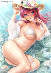 Rule 34 | 1girl, azur lane, bare shoulders, bikini, blush, breasts, candy, cleavage, collarbone, food, green eyes, halterneck, hat, large breasts, lollipop, long hair, looking at viewer, looking over eyewear, looking over glasses, lying, mouth hold, navel, off shoulder, on side, open clothes, open shirt, orange-tinted eyewear, orange-tinted glasses, patreon username, pink-tinted eyewear, pink-tinted glasses, pink hair, rei kun, shirt, signature, solo, straw hat, sun hat, sunglasses, surcouf (azur lane), surcouf (loisirs balneaires) (azur lane), swimsuit, thighs, tinted eyewear, very long hair, water, wet, white bikini, white shirt
