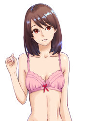 Rule 34 | 1girl, bow, bow bra, bra, breasts, brown eyes, brown hair, cleavage, danchizuma collection, earrings, jewelry, kaburagi yuki, long hair, mature female, navel, official art, original, pink bra, simple background, small breasts, solo, underwear, white background