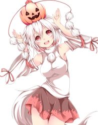 Rule 34 | 1girl, animal ears, arms up, breasts, chikuwa savy, contrapposto, cowboy shot, detached sleeves, hat, inubashiri momiji, jack-o&#039;-lantern, looking at viewer, object on head, open mouth, pom pom (clothes), pumpkin, red eyes, shirt, short hair, simple background, skirt, smile, solo, standing, tail, taut clothes, taut shirt, thigh gap, tokin hat, touhou, white background, white hair, wolf ears, wolf tail