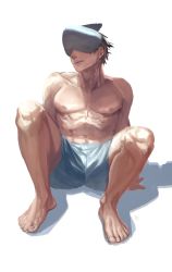 Rule 34 | 1boy, abs, beam (chainsaw man), chainsaw man, covered face, highres, muscular, muscular male, open mouth, riki (riki unc), shark boy, sharp teeth, short hair, shorts, simple background, sitting, solo, spread legs, teeth, topless male, white background