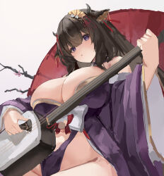 Rule 34 | 1girl, :o, artist request, azur lane, branch, breasts, brown hair, character request, cleavage, cow girl, cow horns, feet out of frame, female focus, hair ornament, highres, horns, instrument, instrument request, large breasts, looking at viewer, looking down, music, open mouth, playing instrument, purple eyes, simple background, sitting, solo, thick thighs, thighs, upper body, white background