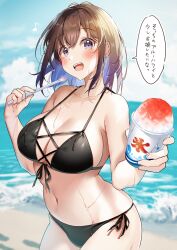 Rule 34 | 1girl, bare arms, bikini, black bikini, blue hair, blue sky, blush, breasts, brown hair, cleavage, cloud, collarbone, colored inner hair, commentary request, day, eighth note, food, hair between eyes, halterneck, hawawa-chan (shiro kuma shake), highres, holding, holding food, holding spoon, horizon, large breasts, looking at viewer, multicolored hair, musical note, navel, ocean, original, outdoors, purple eyes, shaved ice, shiro kuma shake, side-tie bikini bottom, sky, smile, solo, spoon, standing, string bikini, swimsuit, teeth, translation request, two-tone hair, upper teeth only, water