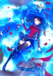 Rule 34 | 1girl, arkray, black hair, black thighhighs, blue eyes, fate/stay night, fate (series), floating hair, from above, hair ribbon, highres, long hair, long legs, md5 mismatch, partially submerged, planted, planted sword, planted weapon, ribbon, solo, sword, thighhighs, tohsaka rin, two side up, water, weapon
