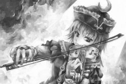 Rule 34 | 1girl, artist name, bad id, bad pixiv id, greyscale, hat, instrument, lunasa prismriver, monochrome, music, nagayo, playing instrument, short hair, solo, touhou, violin