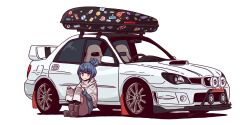 Rule 34 | 1girl, blue hair, boots, brown footwear, car, closed mouth, commentary, commission, english commentary, grey shawl, hair bun, hands on own knees, highres, jestami, knees up, light smile, long sleeves, looking at viewer, medium hair, motor vehicle, purple eyes, shawl, shima rin, sidelocks, signature, simple background, sitting, smile, solo, spoiler (automobile), sports car, sticker, stitched, subaru (brand), subaru impreza, third-party edit, vehicle focus, wide shot, yurucamp